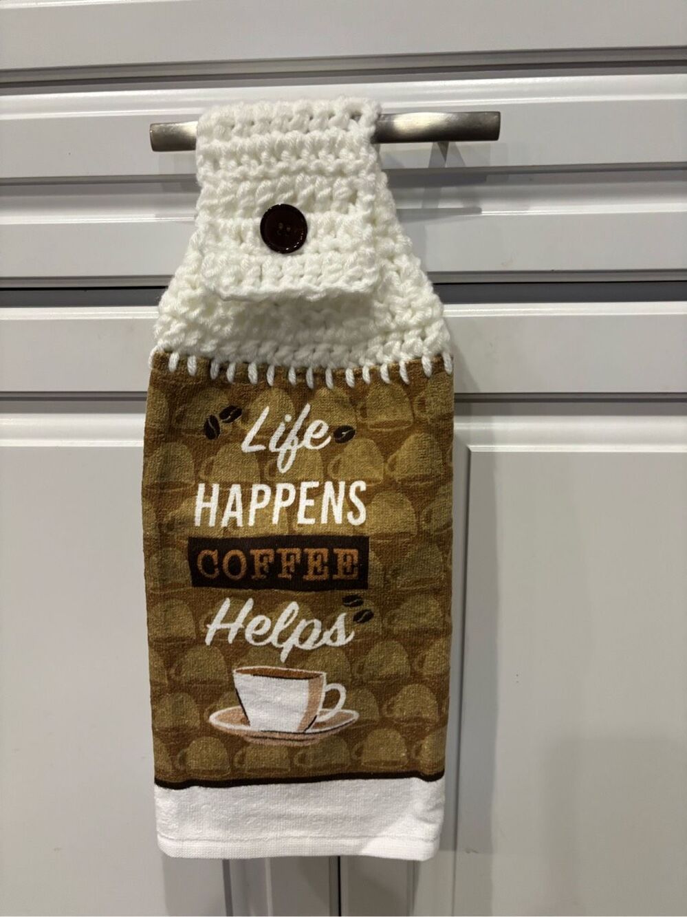 Crochet Top Kitchen Towel-Life happens coffee helps